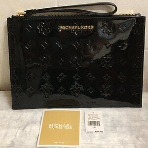 NWT!!! Michael Kors Ciara black metallic large zip clutch wristlet.